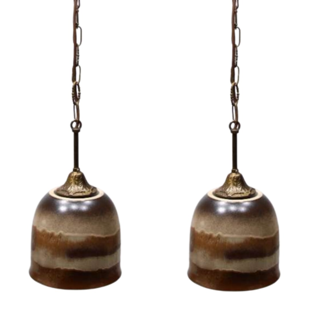 Pair of ceramic glazed and brass pendant lamps, Austria 1970s