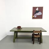 Glossy olive green lacquered dining table — DLG Georges Robert, Circa 1970