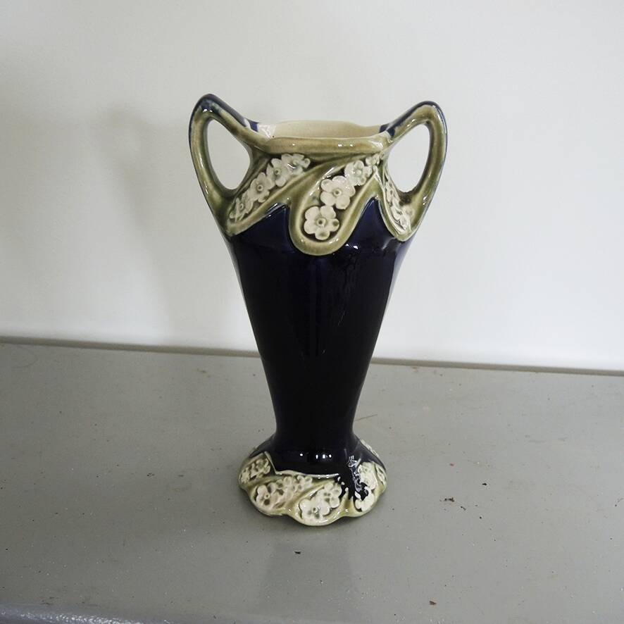 Antique Blue Barbotine Vase from De Bruyn