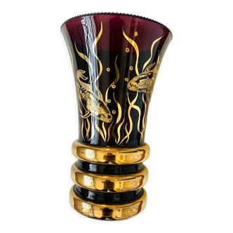 Vase vintage 50/60 verre bordeaux et doré décor carpe koi