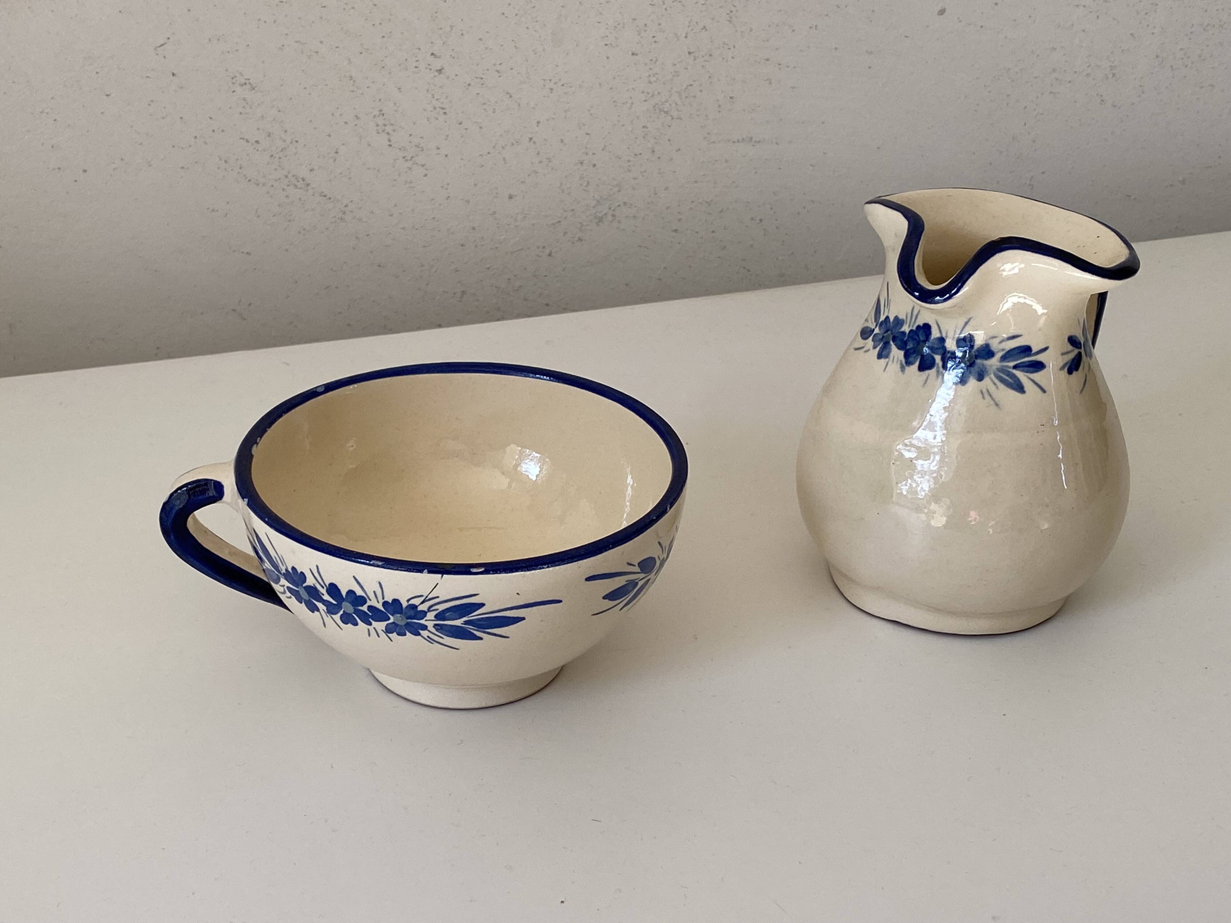 Handcrafted ceramic pitcher and bowl signed – blue decor – vintage tableware