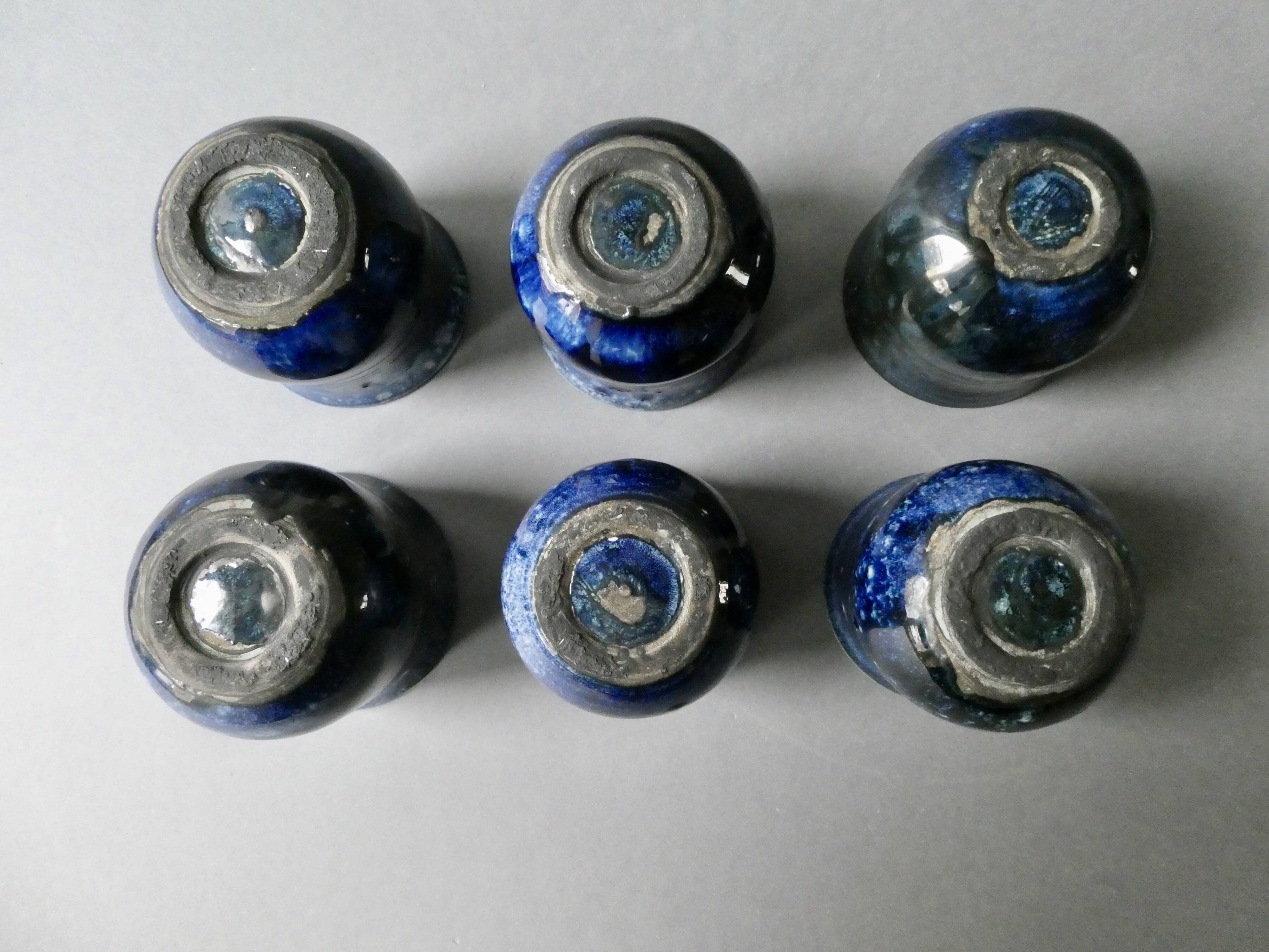 Set of 6 cups in blue enamelled stoneware