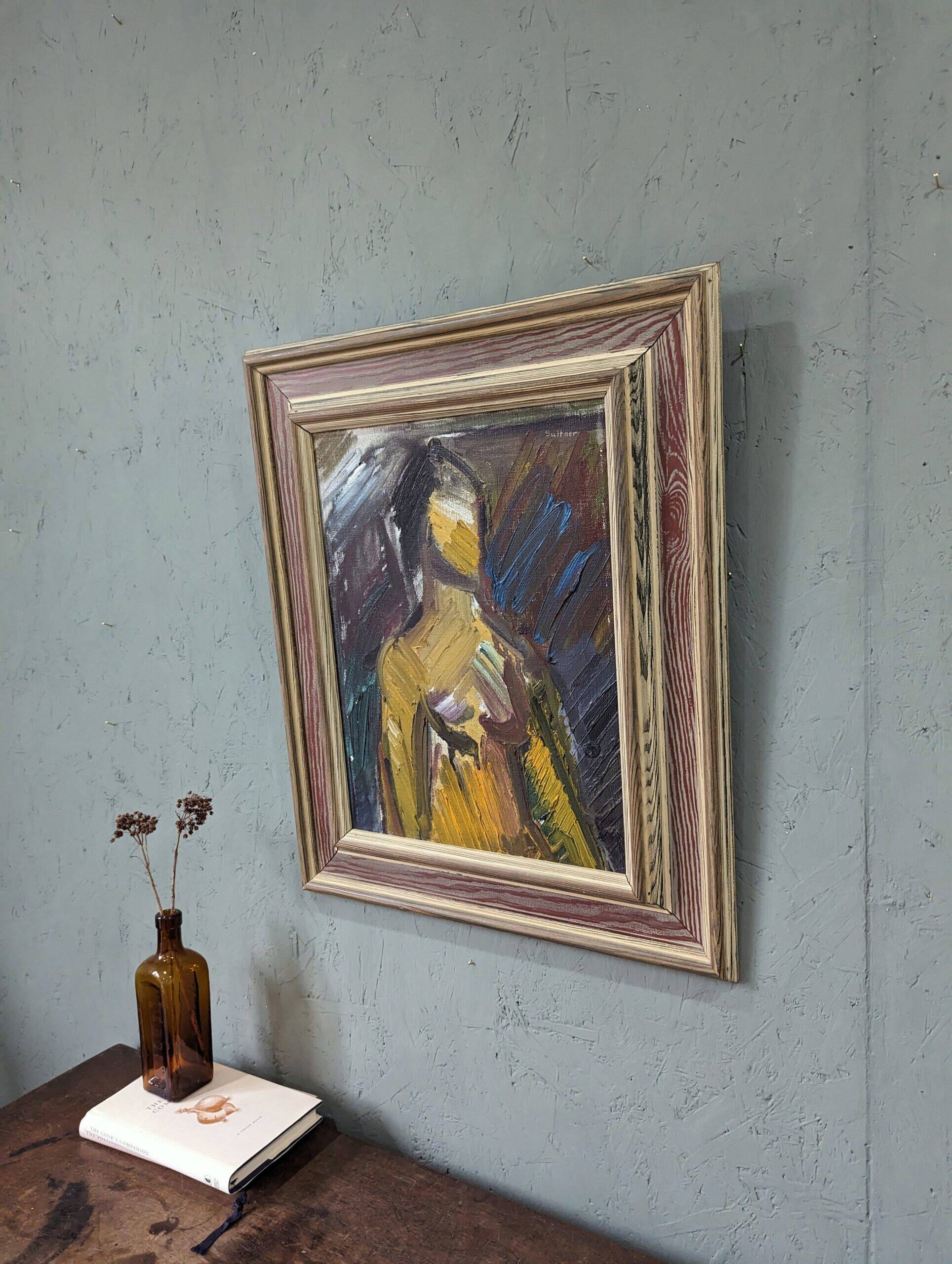 Mid-Century Modern Swedish "Painterly Portrait" Vintage Portrait Oil Painting, Framed