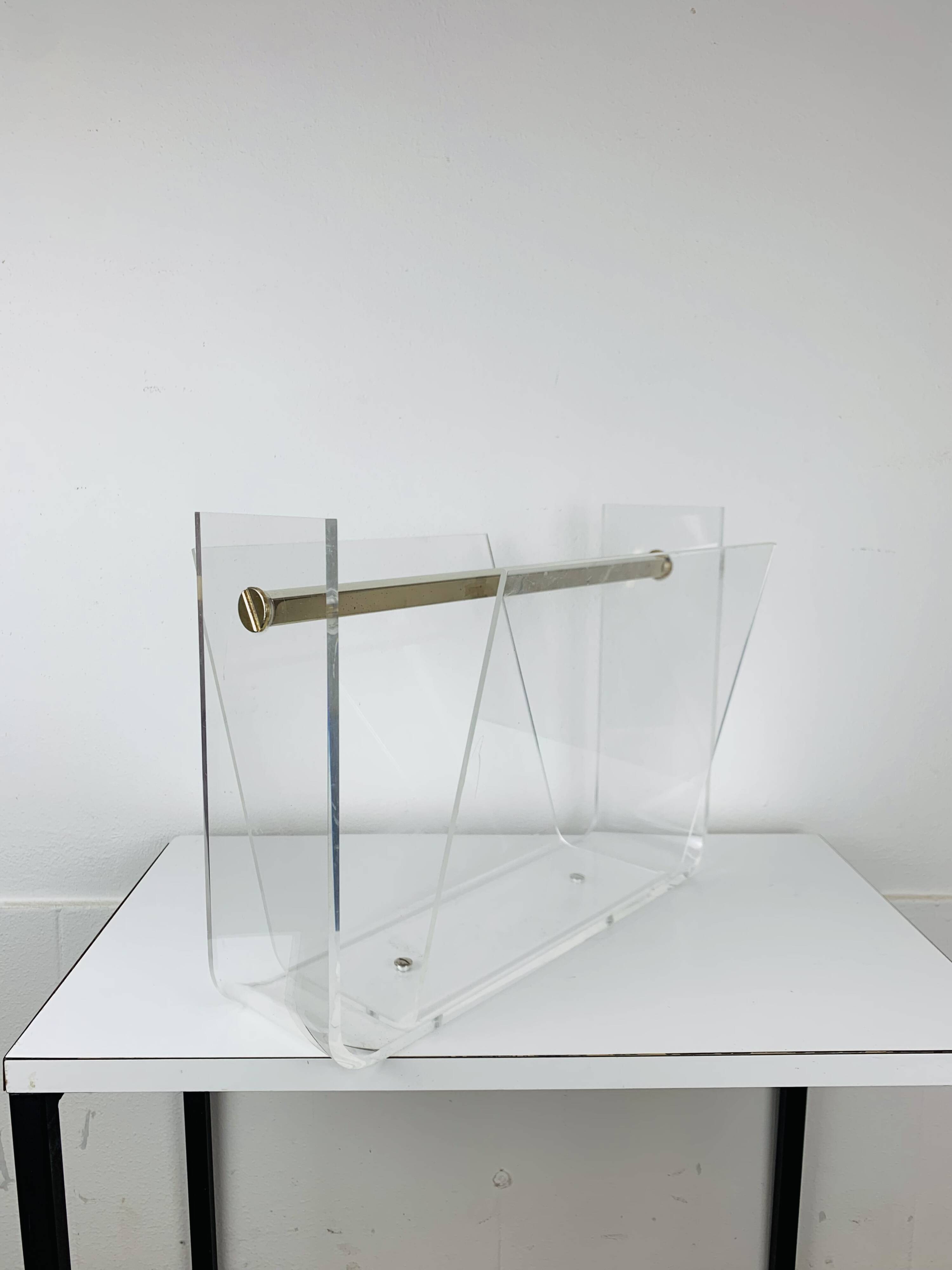 Plexiglas and brass magazine rack, David Lange, 1970s