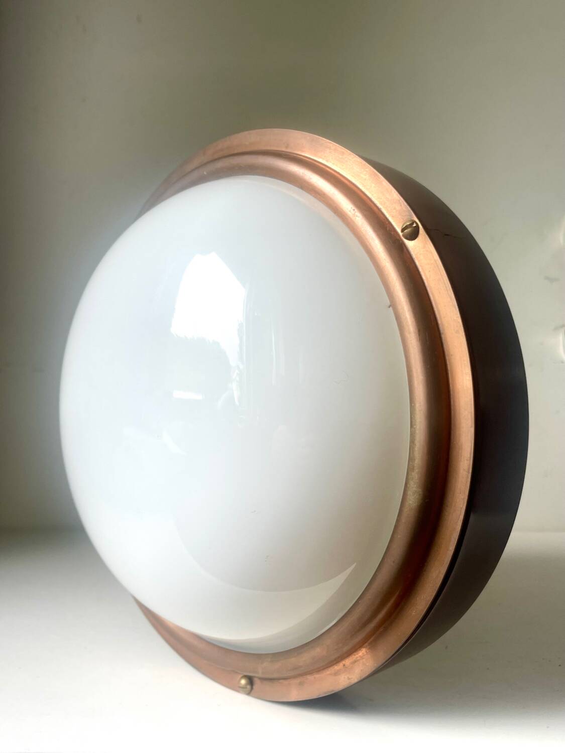 Vintage  wall or ceiling light in Mahogany & copper with  glass from a yacht