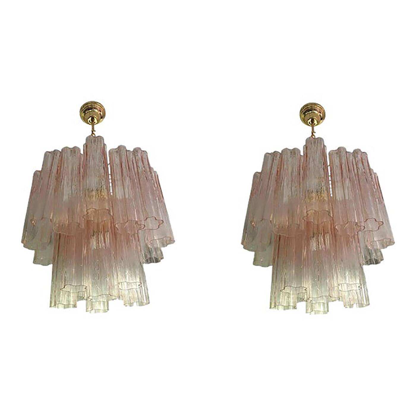 Set of 2 Contemporary Murano Style Glass Pink "Tronchi" Chandelier With Gol