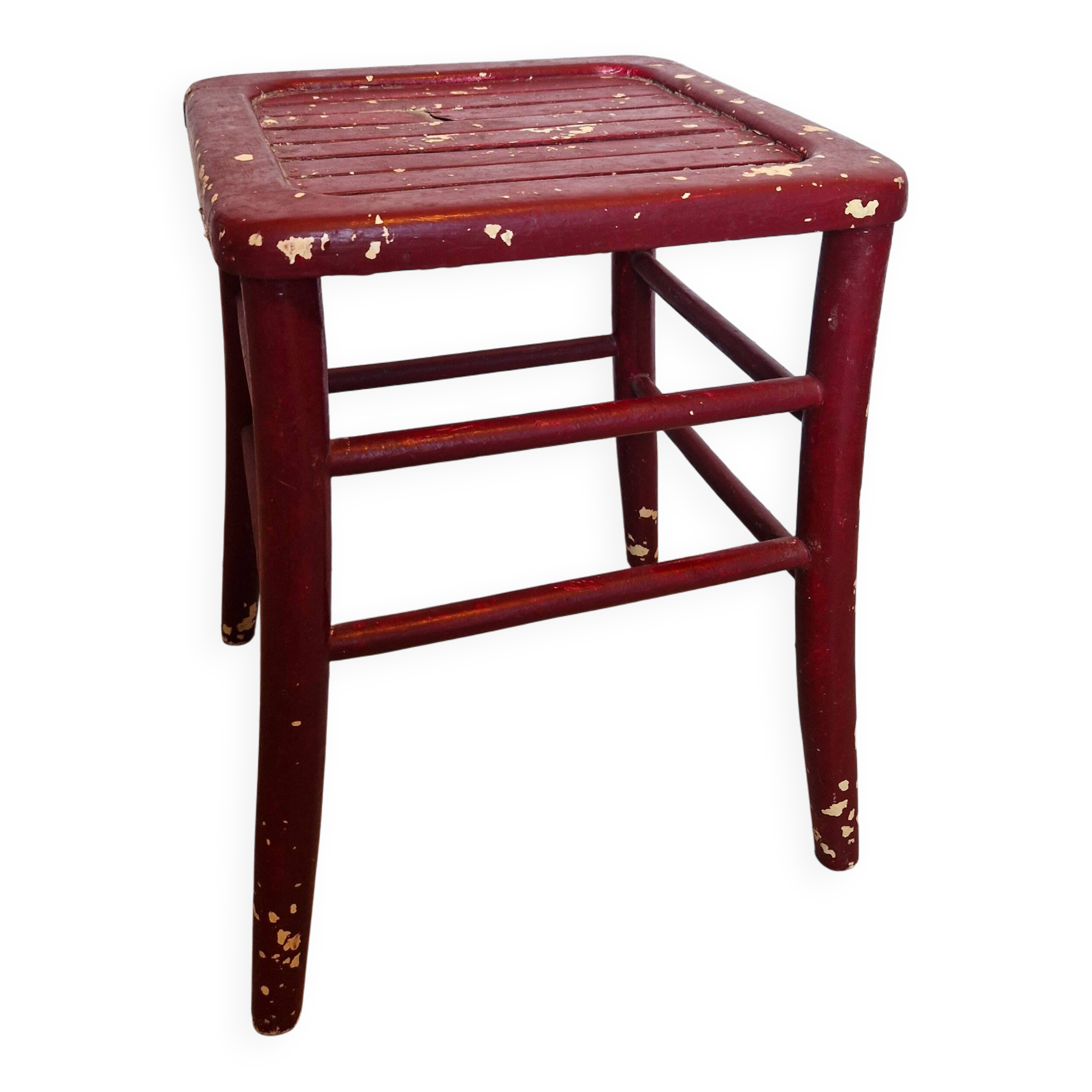 Antique square stool in red wood, workshop patina