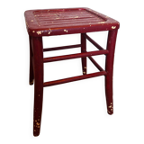 Antique square stool in red wood, workshop patina