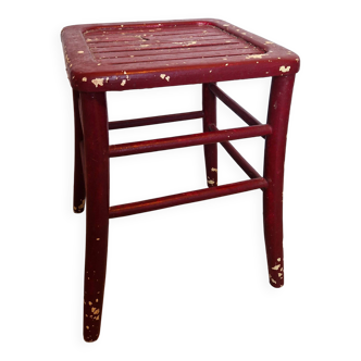 Antique square stool in red wood, workshop patina