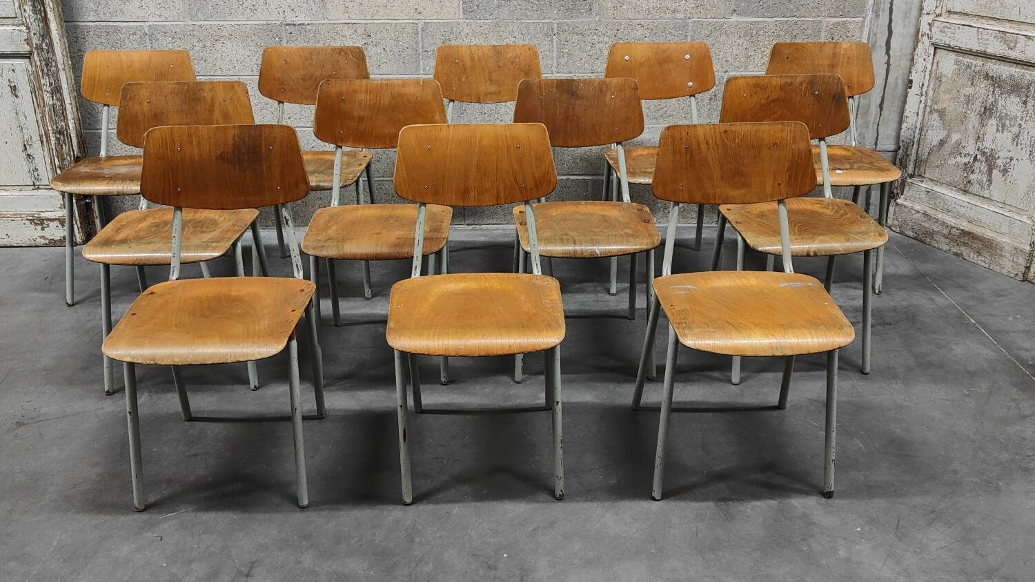 Set of 12 metal and wood school chairs Czechoslovakia Kovona
