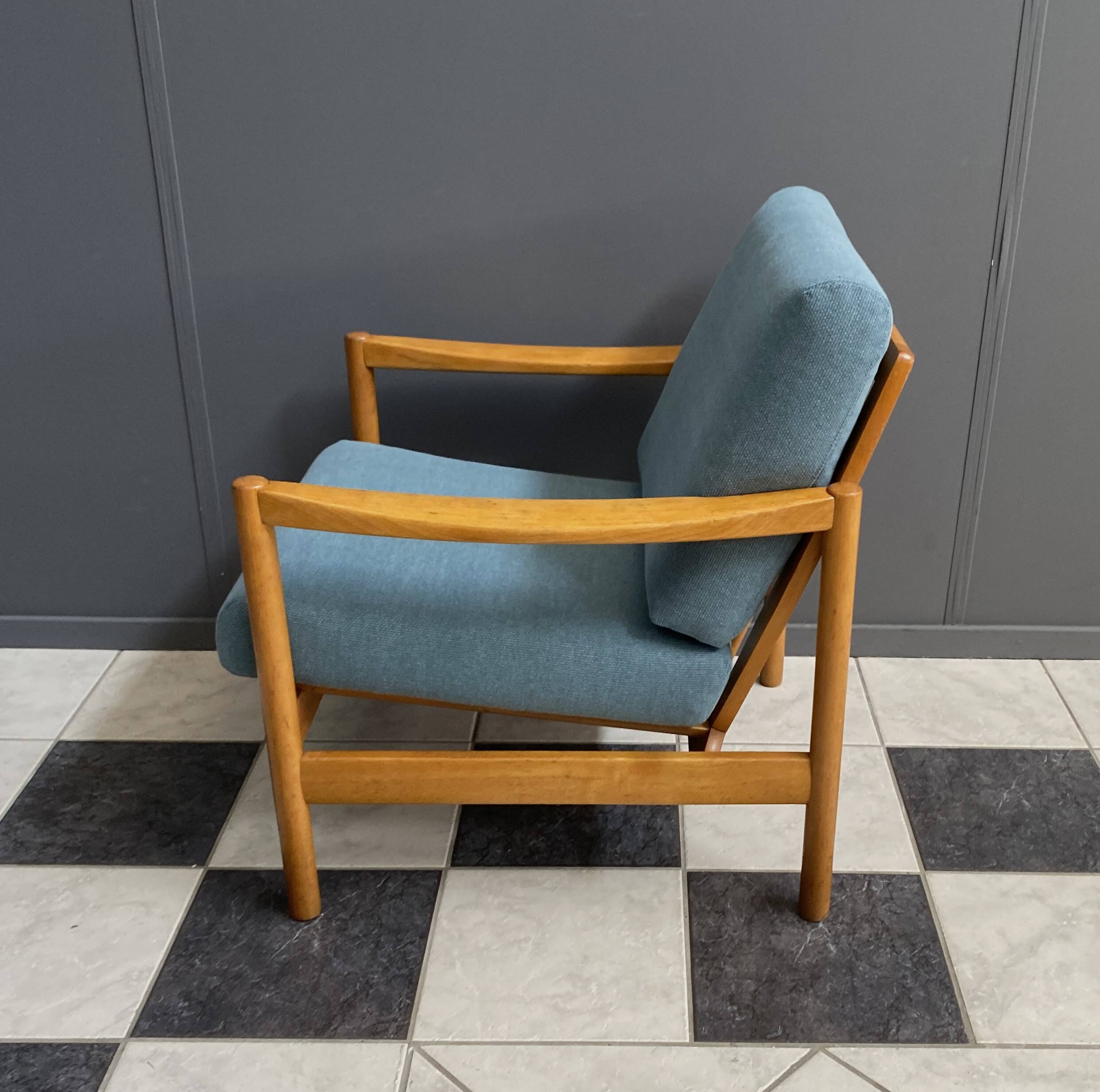 Wood arm chair reupholstered in blue fabric 1960s