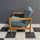 Wood arm chair reupholstered in blue fabric 1960s