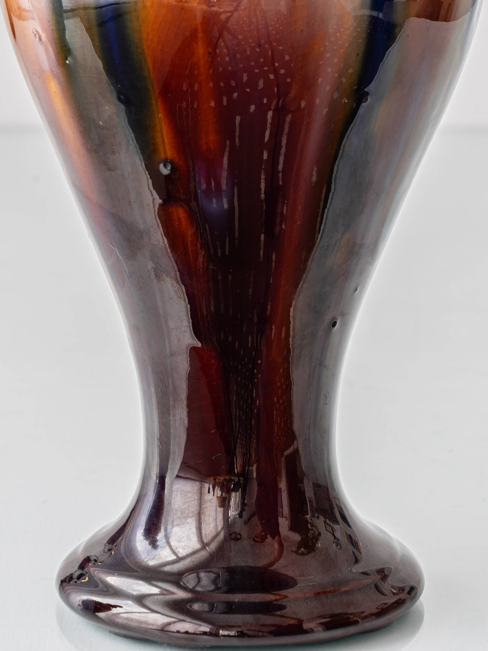 Belgian Art Deco Ceramic Table Lamps, Pair, Flambé Drip Glaze, New Silk Shades