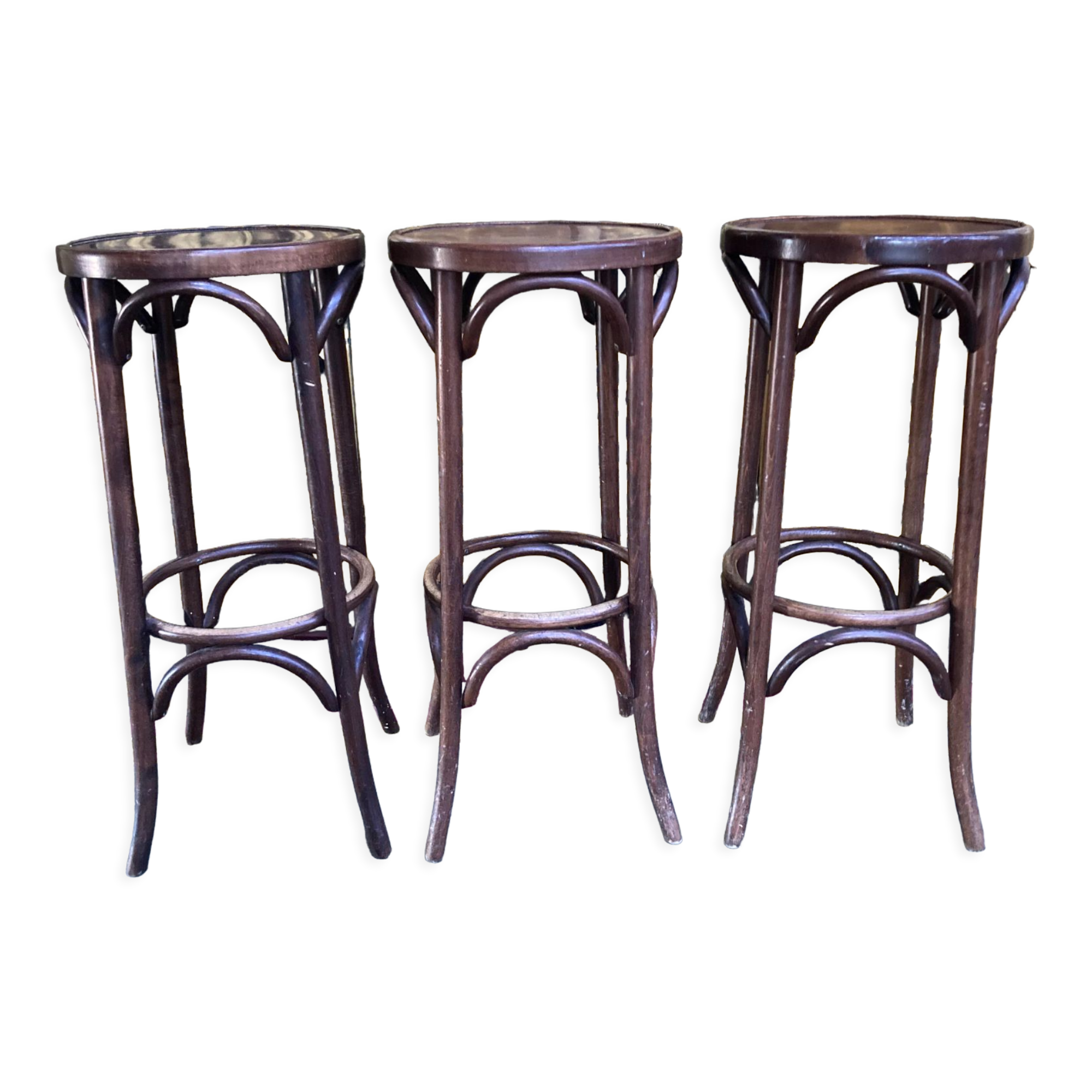 3 curved wooden bar stools