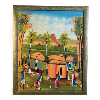 OLMAN, huile sur toile paysage animé naïf Haïti XXème