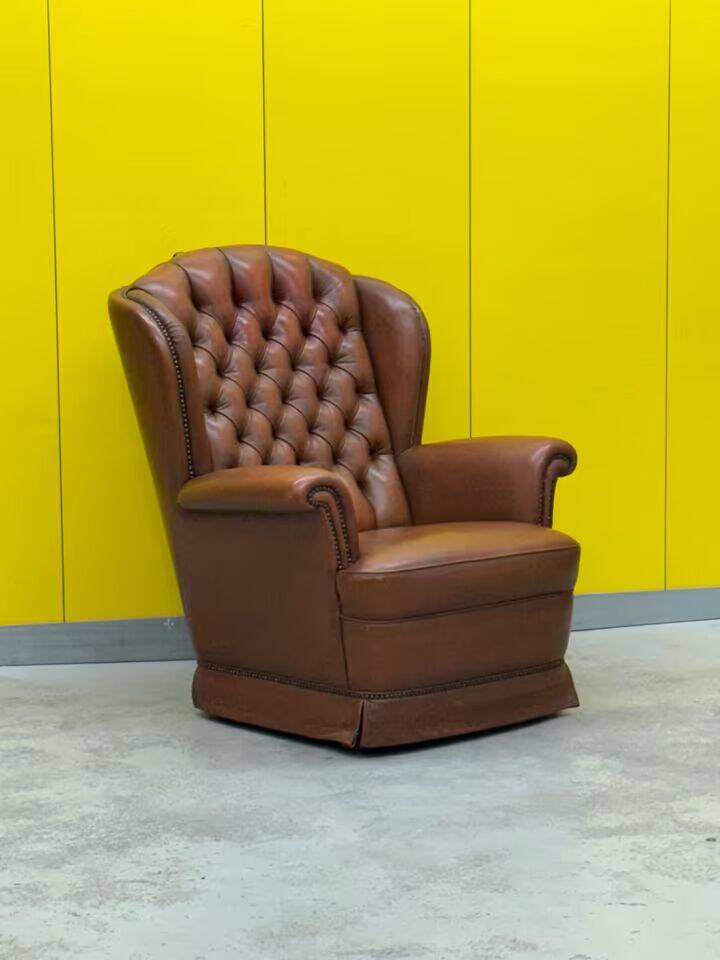 Original English Chesterfield Wingback Chair - Vintage Cognac Leather
