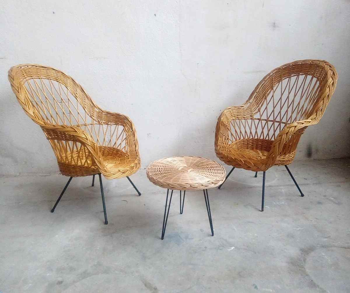 Paire de fauteuils rotin pied métal vintage