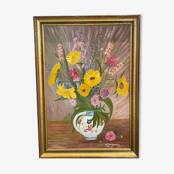 bouquet of flowers - oil or acrylic on canvas, signed Collot Bernard 1982