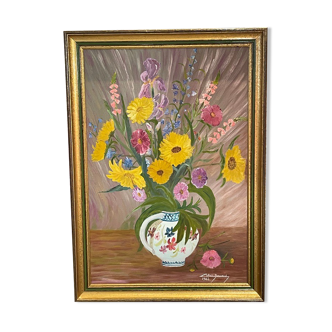 bouquet of flowers - oil or acrylic on canvas, signed Collot Bernard 1982