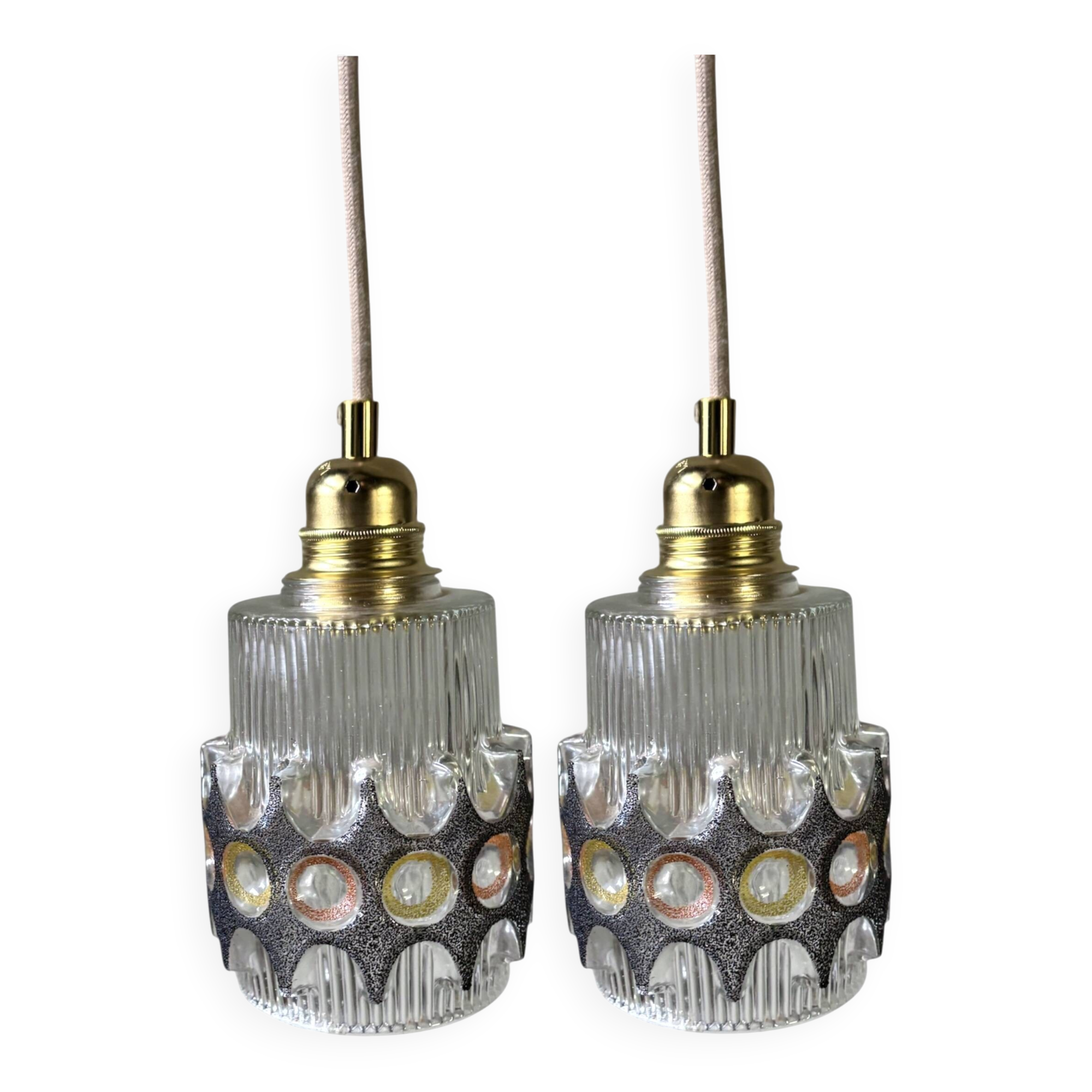 Pair of vintage faceted glass pendant lights