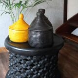 Dark purple wicker and leather round basket