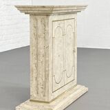 Travertine and Brass Marquetry Console Table and Mirror, 1970s, Set of 2