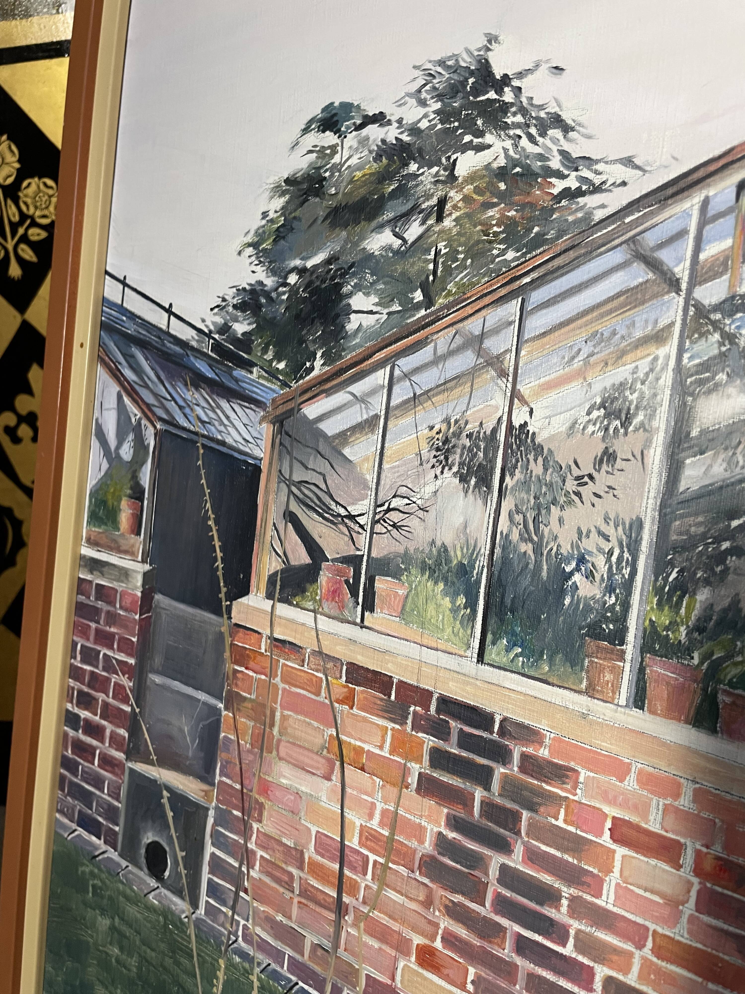 Oil on canvas "the greenhouse in the garden" signed