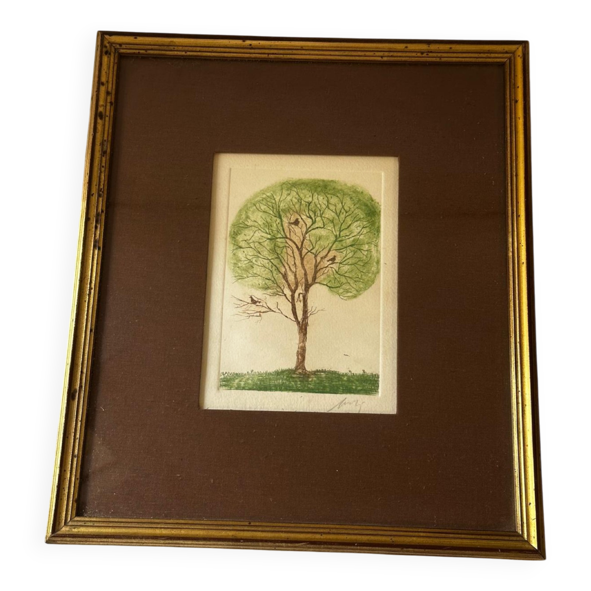 Original signed drawing – Tree with birds - frame 33/28 cm
