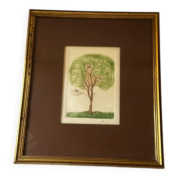 Original signed drawing – Tree with birds - frame 33/28 cm