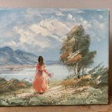 Tableau ancien huile sur toile jeune fille au lac signé