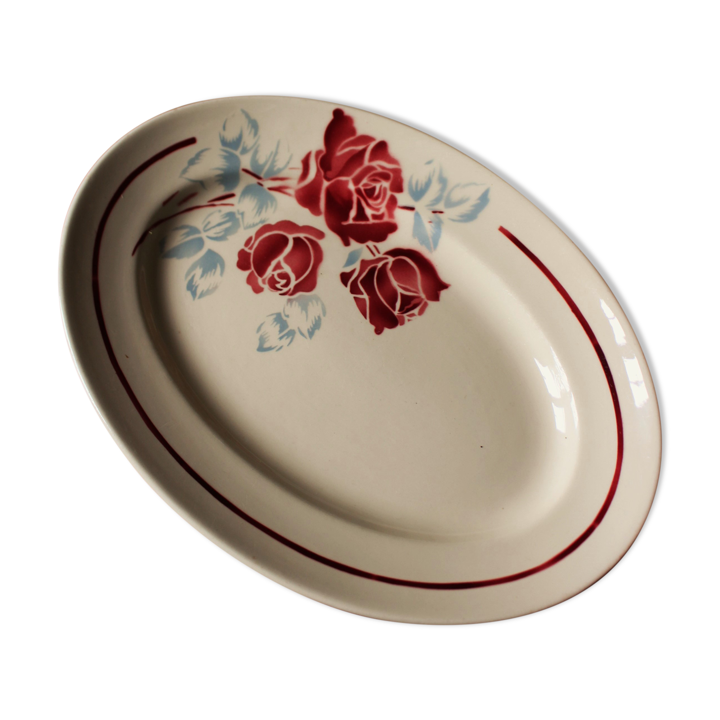 Oval dish art deco flowers red blue Pondy Badonviller