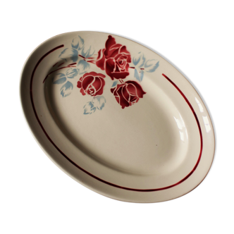 Oval dish art deco flowers red blue Pondy Badonviller