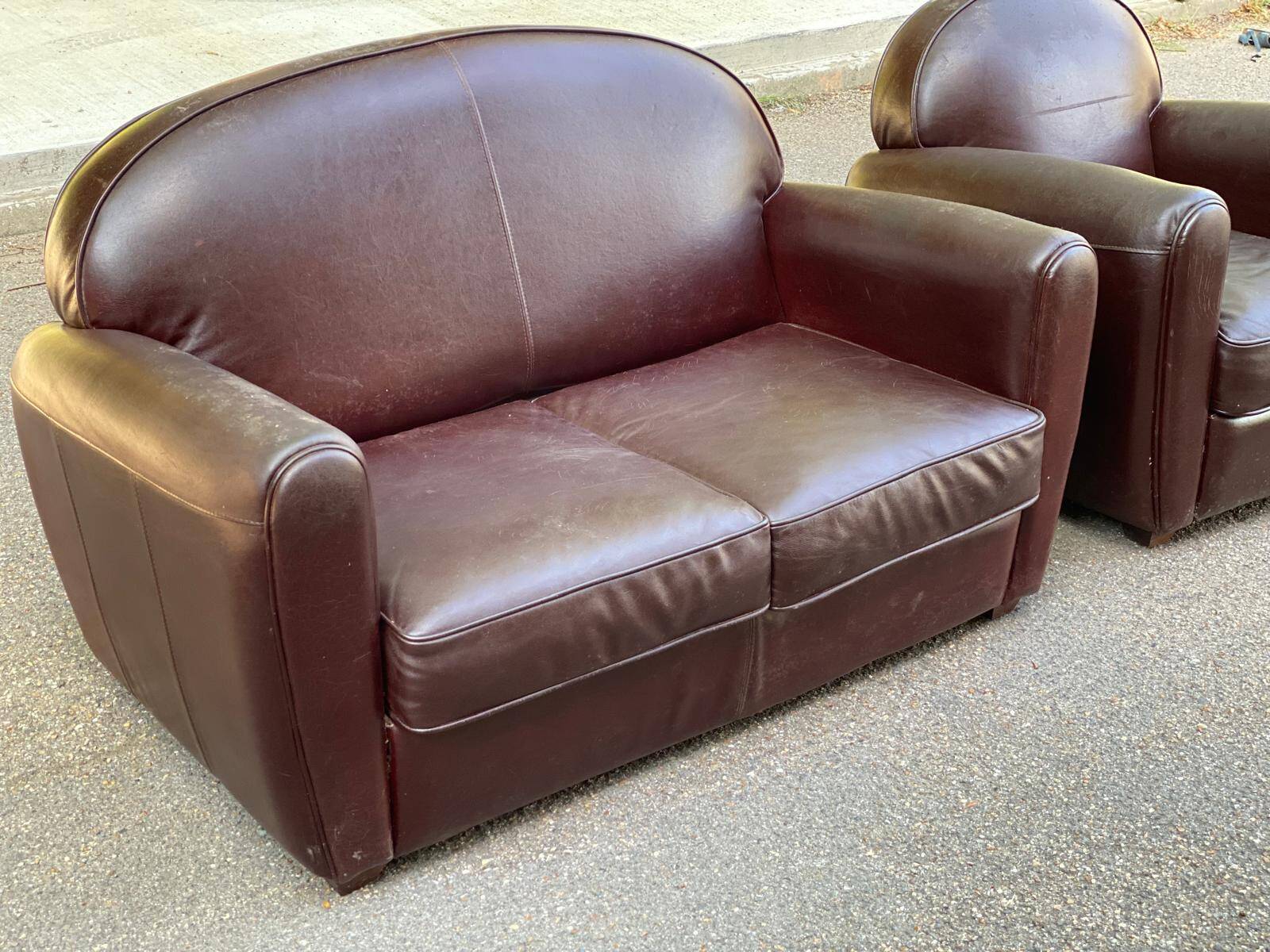 Burgundy brown leather living room sofa and club chair