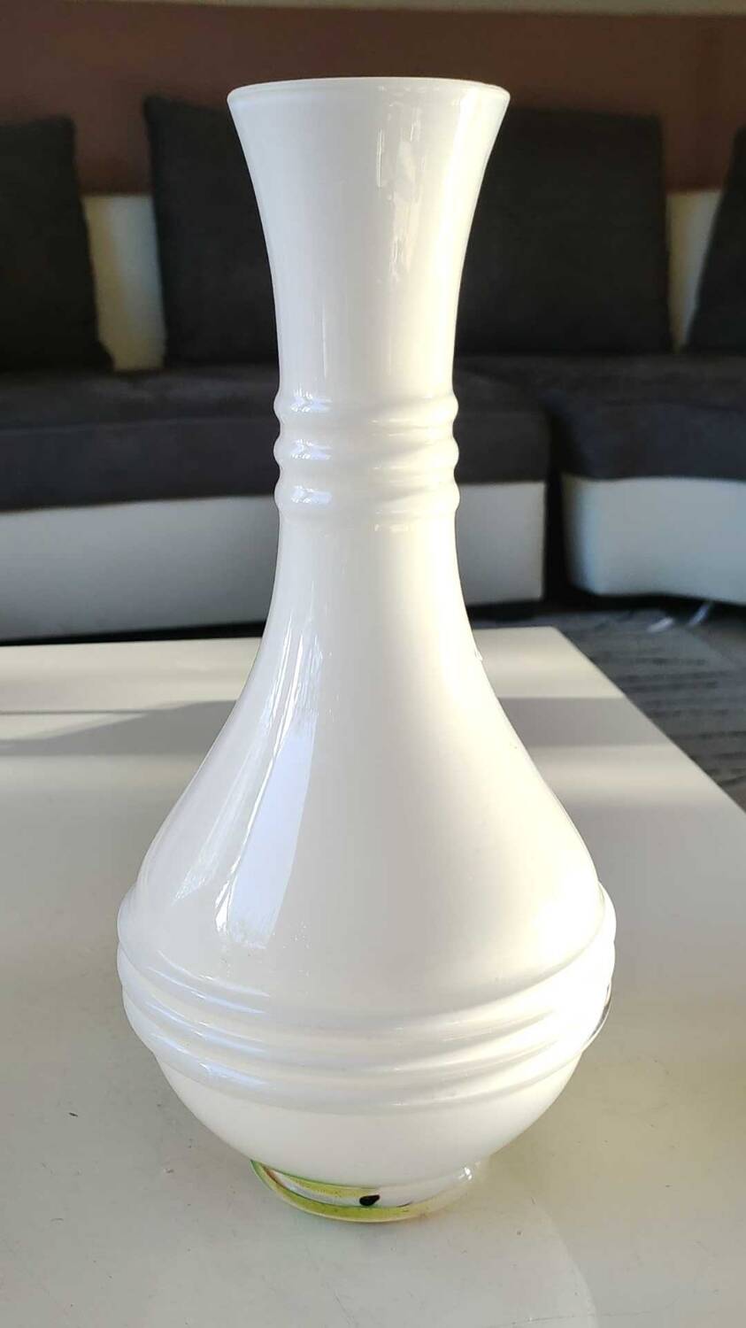 Blown Murano/White Opaline Art glass vase, polychrome smoke scroll inclusions. 28.5 x 14 cm