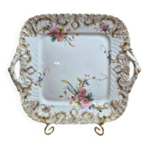Antique square plateau from Sarreguemines with golden floral decoration in the Louis XV style.