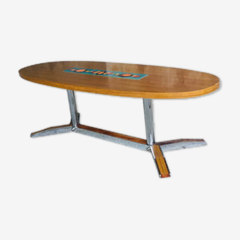 Table basse ovale céramique et formica - piètement inox - vintage - 1960