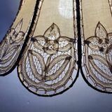Antique hanging lampshade in rattan and openwork embroidered fabric