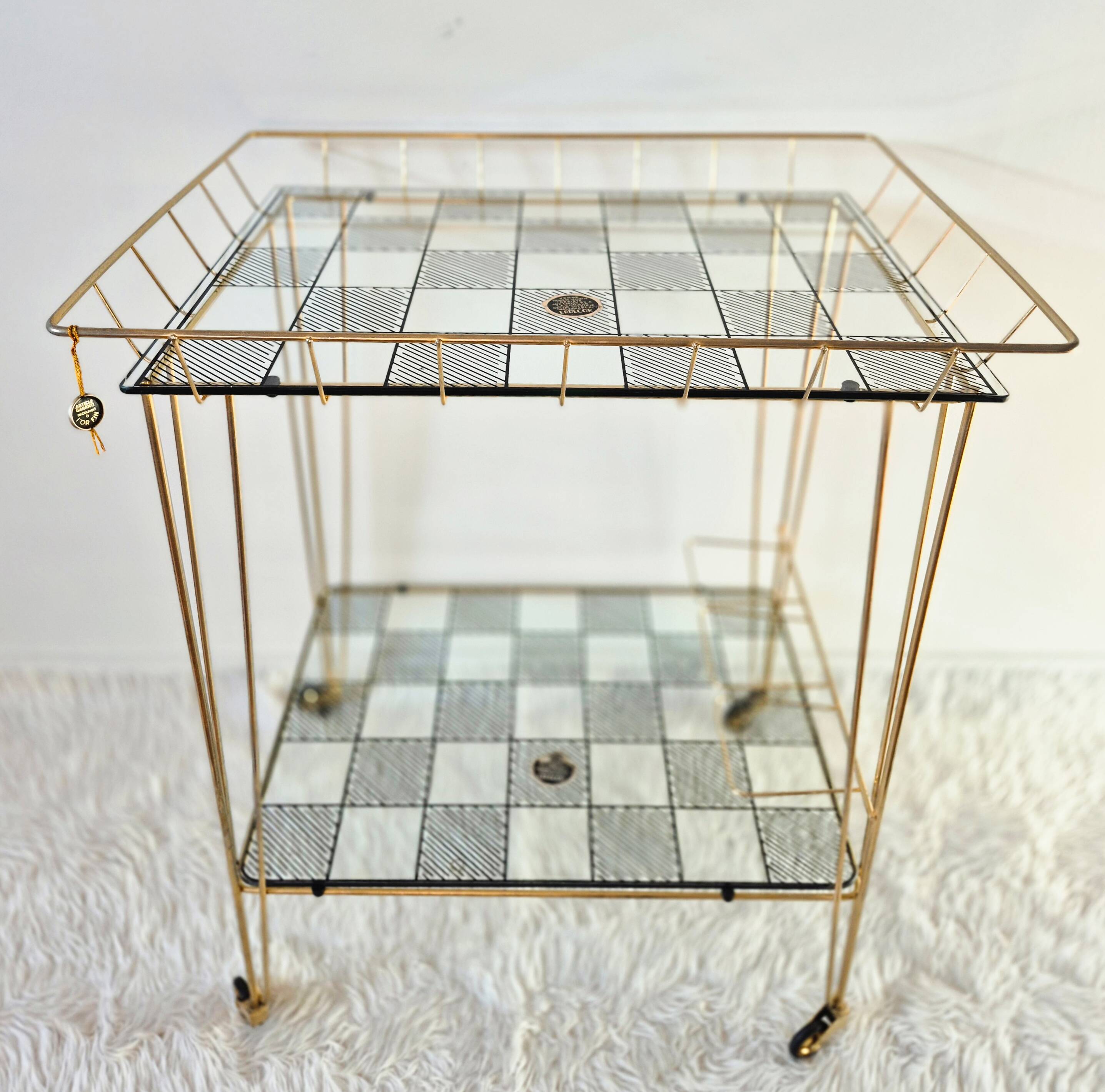 Vintage bar table, side table, glass trays, Eiffel legs.