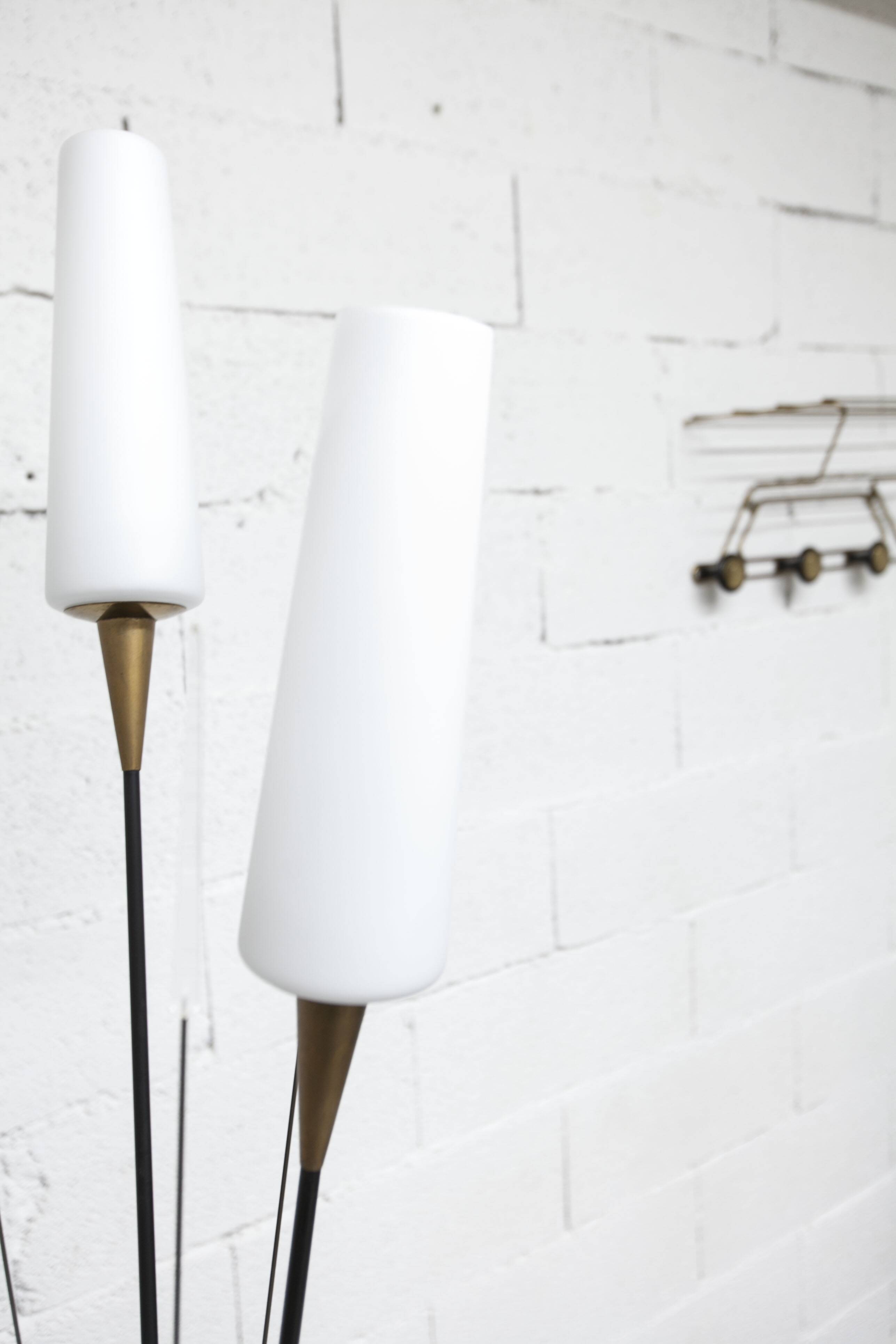 Floor lamp by René Mathieu for Maison Lunel 1950, brass and opaline.
