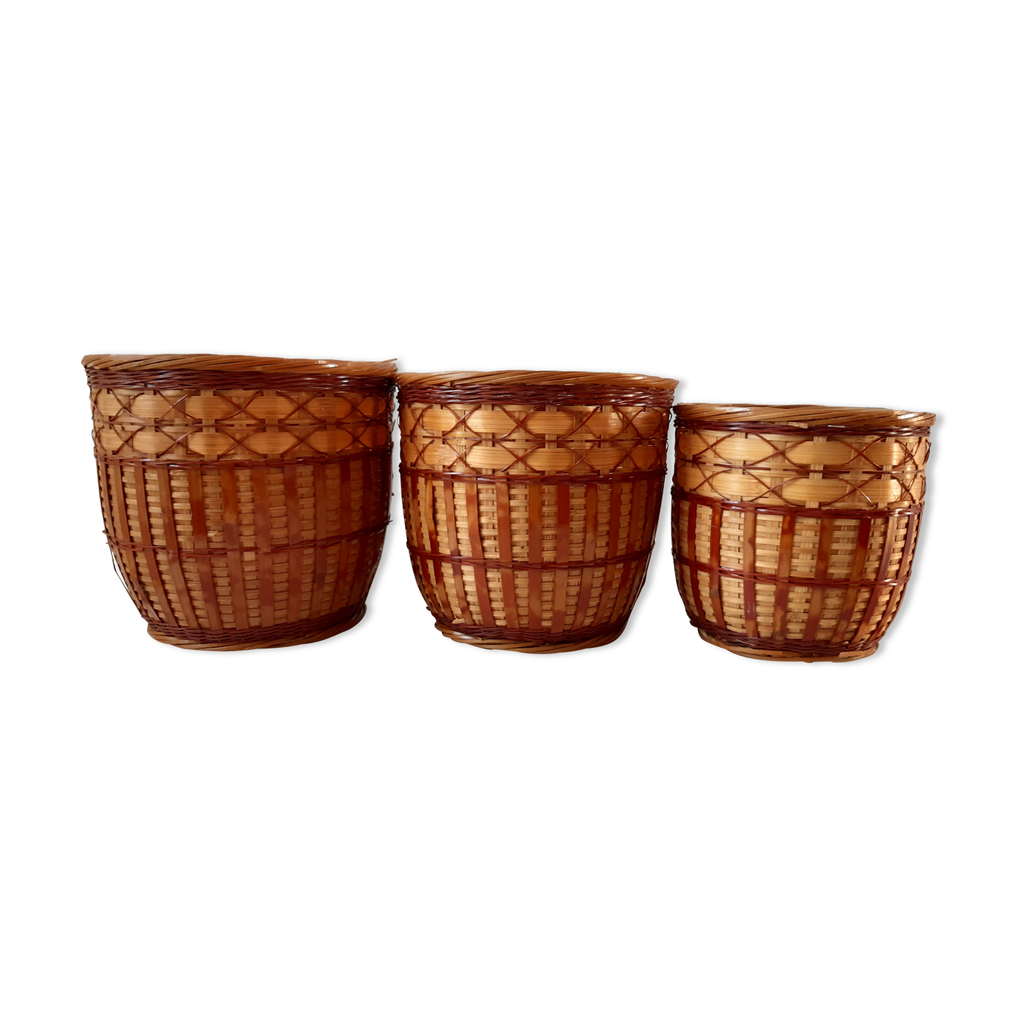 Trio of rattan and vintage bamboo pot covers 70s