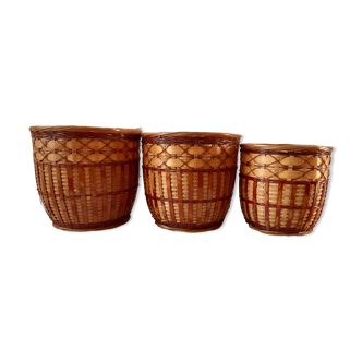 Trio de cache-pots en rotin et bambou vintage années 70