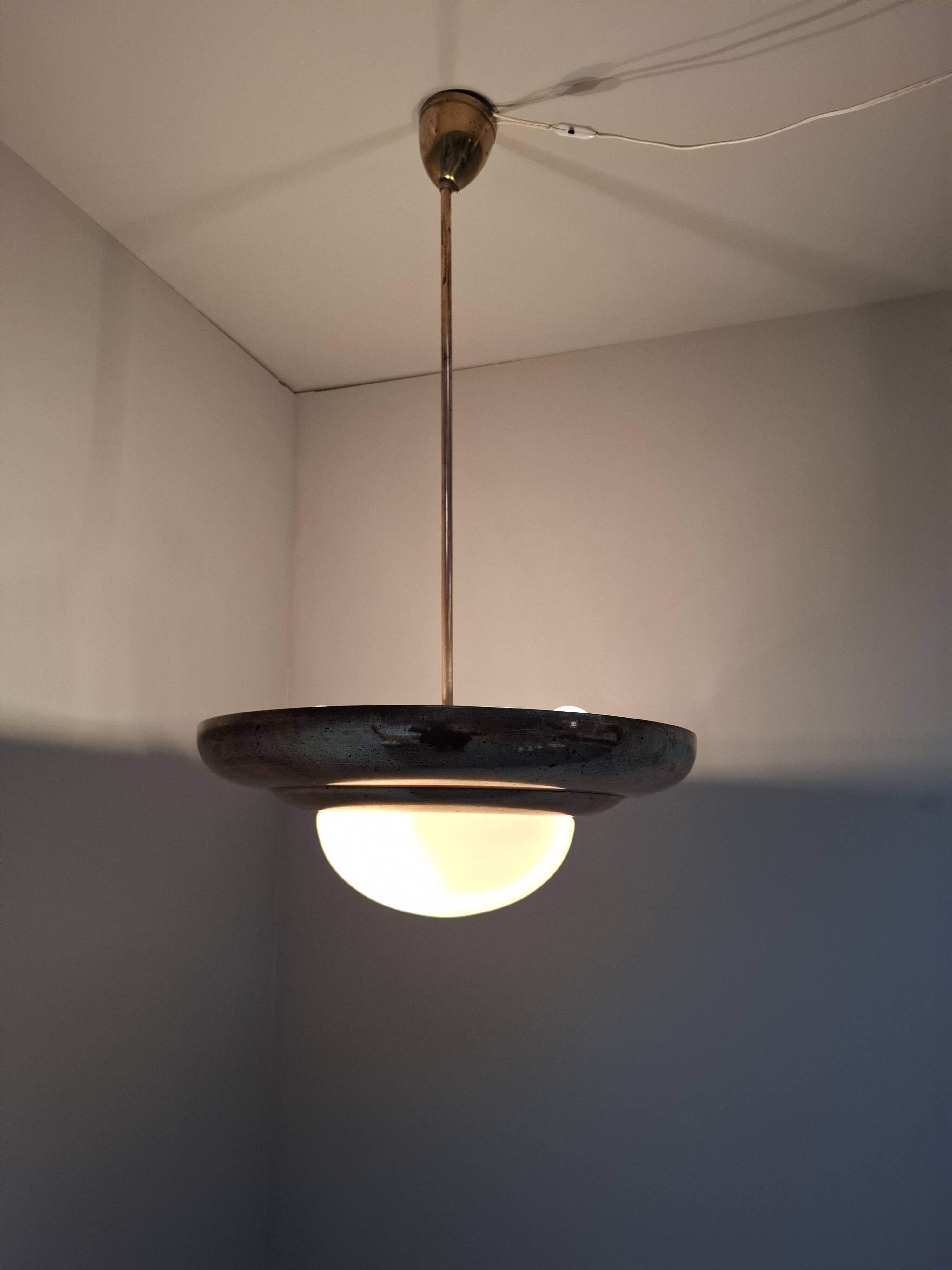 1920 Czechoslovak Art Deco Brass and Opaline Glass Pendant Lamp, Napako 134