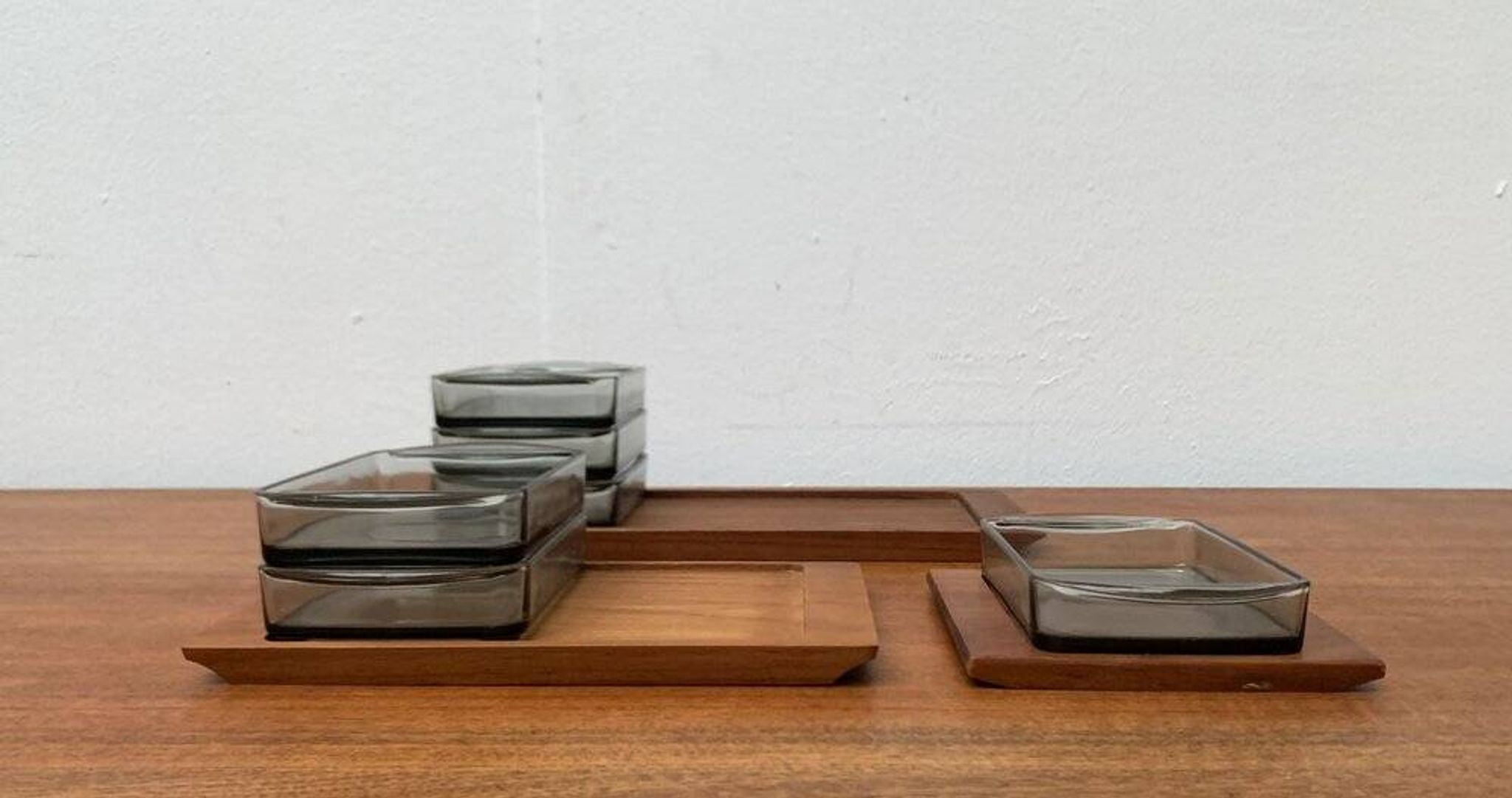 Danish mid-century teak plateau with Holmegaard glass serving trays, 1960s, set of 9.