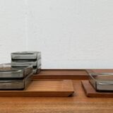 Danish mid-century teak plateau with Holmegaard glass serving trays, 1960s, set of 9.
