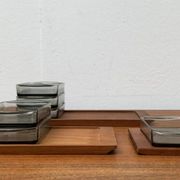 Danish mid-century teak plateau with Holmegaard glass serving trays, 1960s, set of 9.