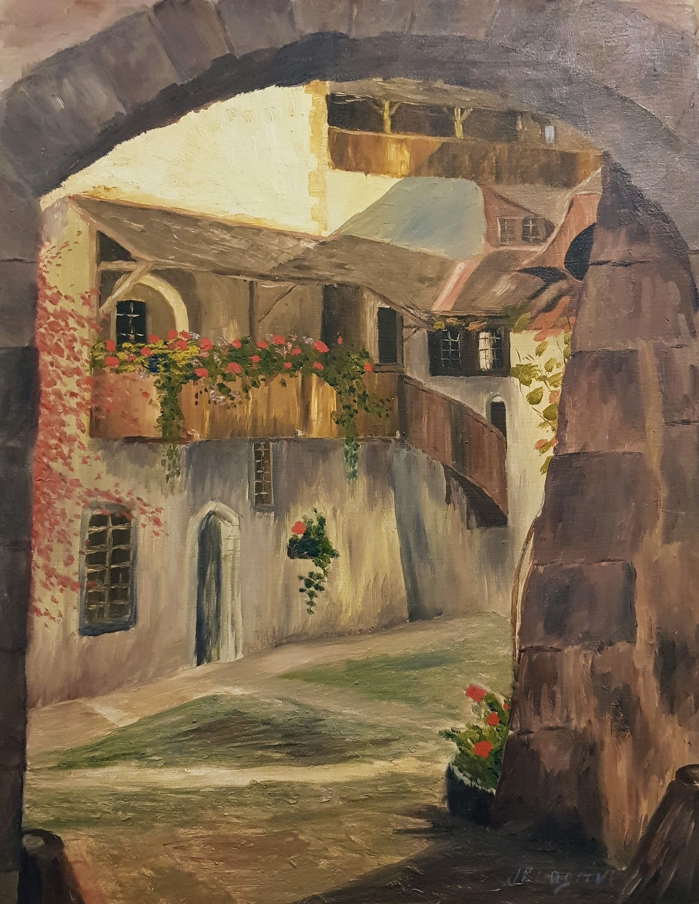 Vintage Oil Painting Swiss Village, 20th Century