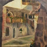 Vintage Oil Painting Swiss Village, 20th Century