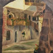 Vintage Oil Painting Swiss Village, 20th Century