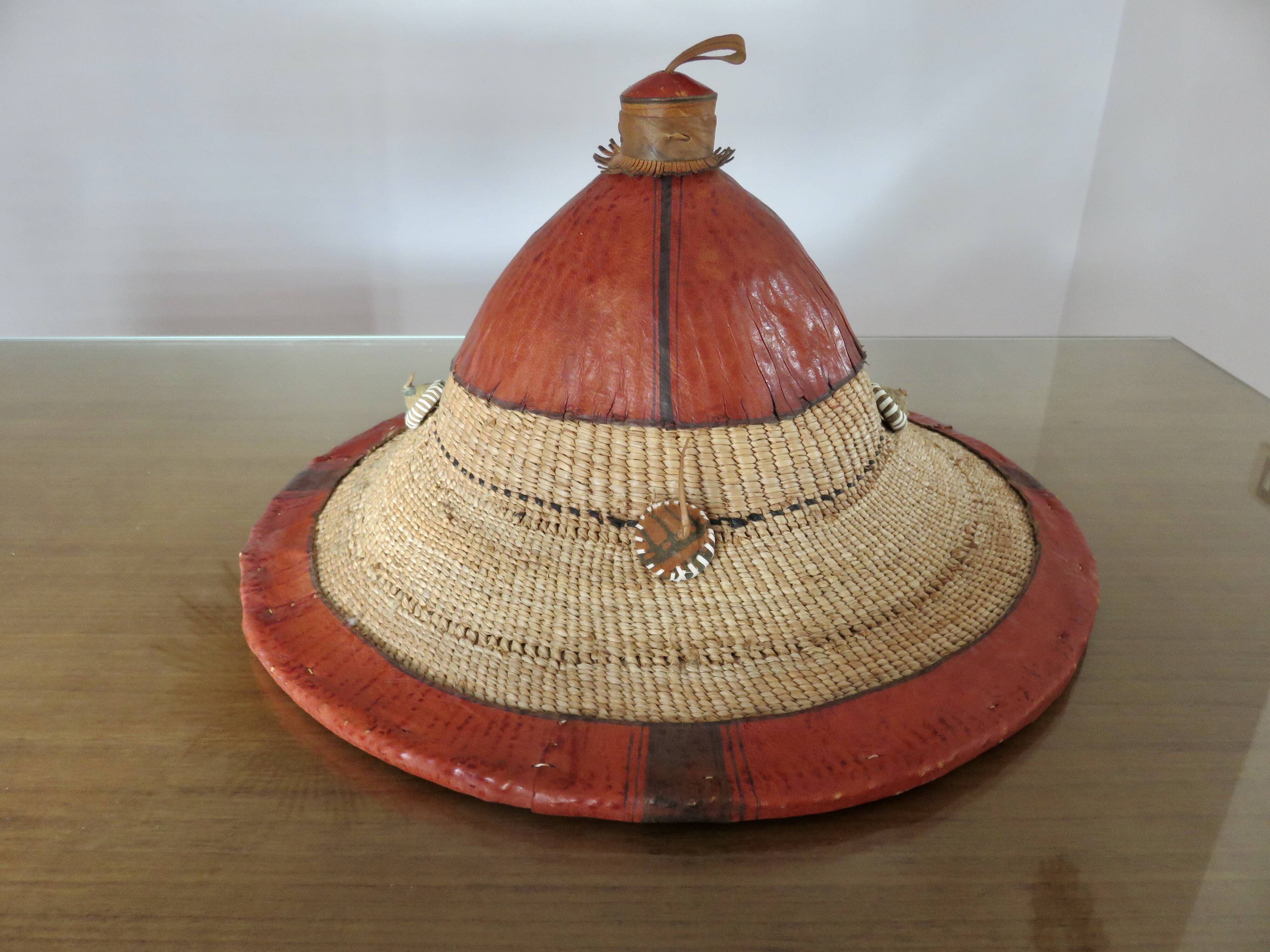 African conical hat, Fulani, in leather and braided rope, 1900