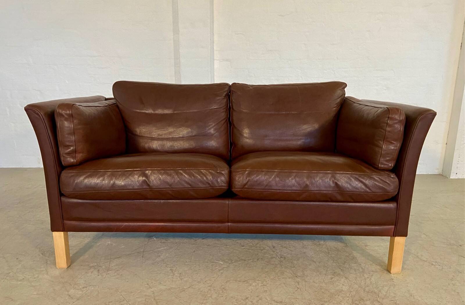 Danish mid-century vintage Mogens Hansen 2 person cognac brown leather sofa 60s